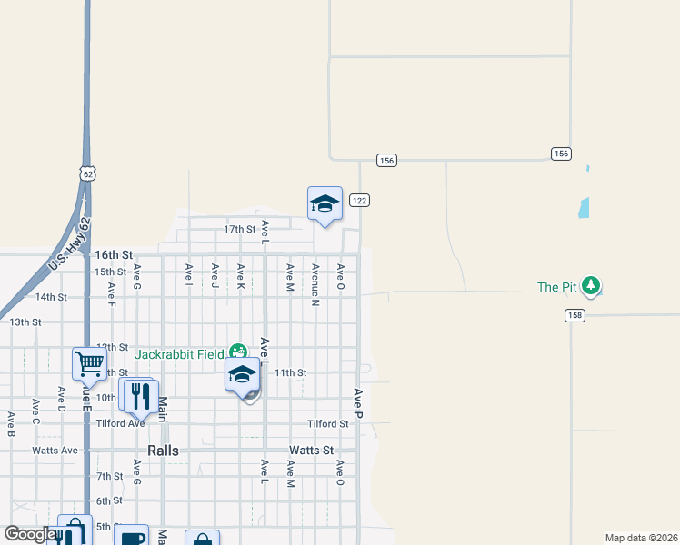 map of restaurants, bars, coffee shops, grocery stores, and more near 1499 Ave O in Ralls