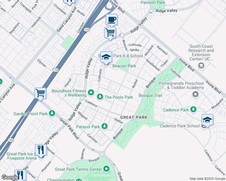 map of restaurants, bars, coffee shops, grocery stores, and more near 117 Mongoose in Irvine
