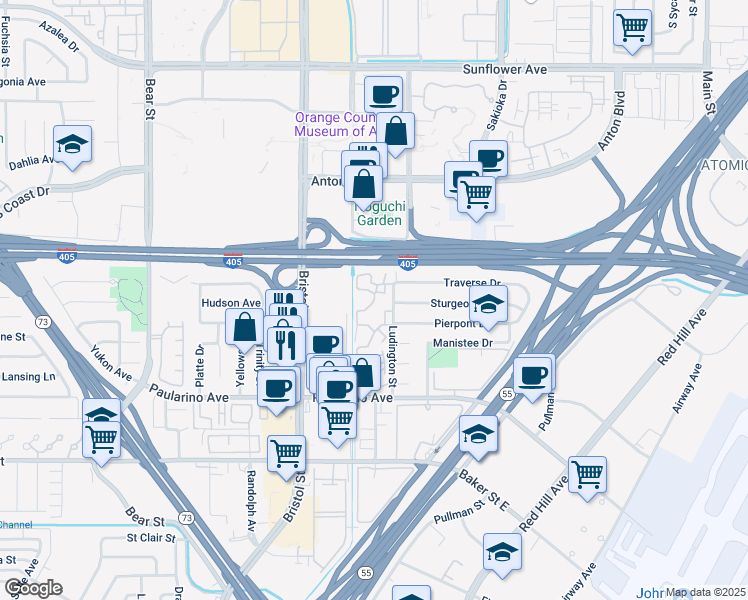 map of restaurants, bars, coffee shops, grocery stores, and more near 605 Rainier Way in Costa Mesa