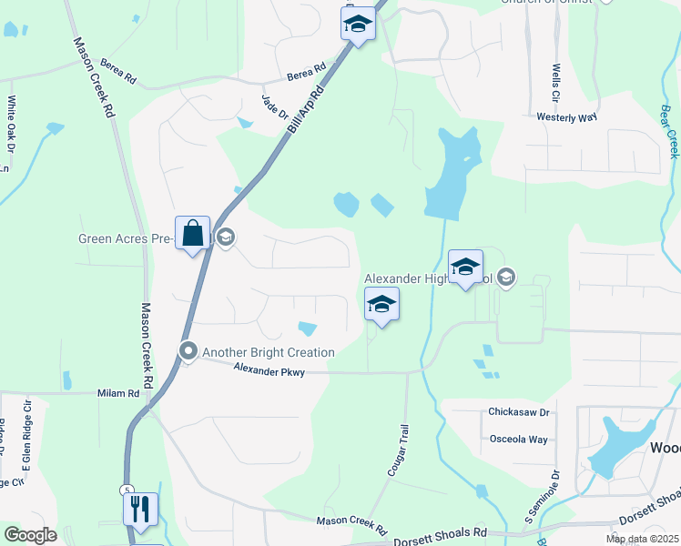 map of restaurants, bars, coffee shops, grocery stores, and more near 6715 Manor Creek Drive in Douglasville