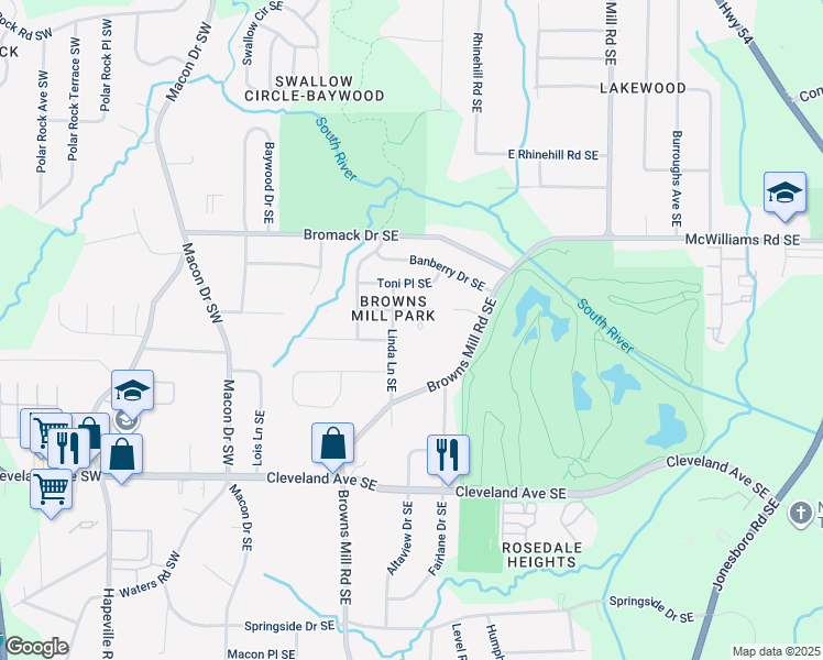 map of restaurants, bars, coffee shops, grocery stores, and more near 2497 Mobley Court Southeast in Atlanta