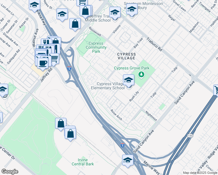 map of restaurants, bars, coffee shops, grocery stores, and more near 81 Strawberry Grove in Irvine