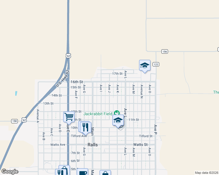 map of restaurants, bars, coffee shops, grocery stores, and more near 15th St in Ralls