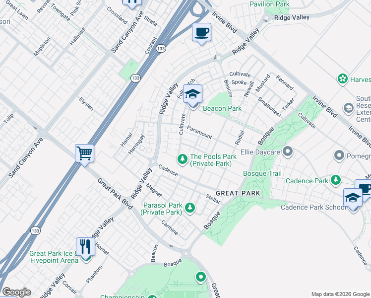 map of restaurants, bars, coffee shops, grocery stores, and more near 114 Cultivate in Irvine