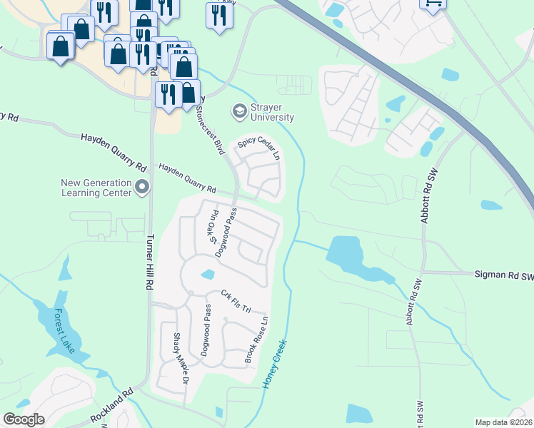map of restaurants, bars, coffee shops, grocery stores, and more near 7946 White Oak Loop in Stonecrest