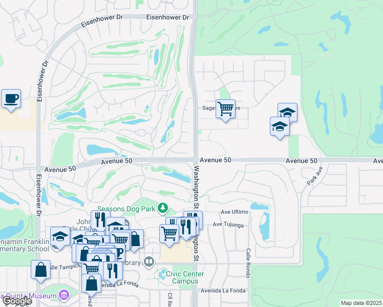 map of restaurants, bars, coffee shops, grocery stores, and more near in La Quinta