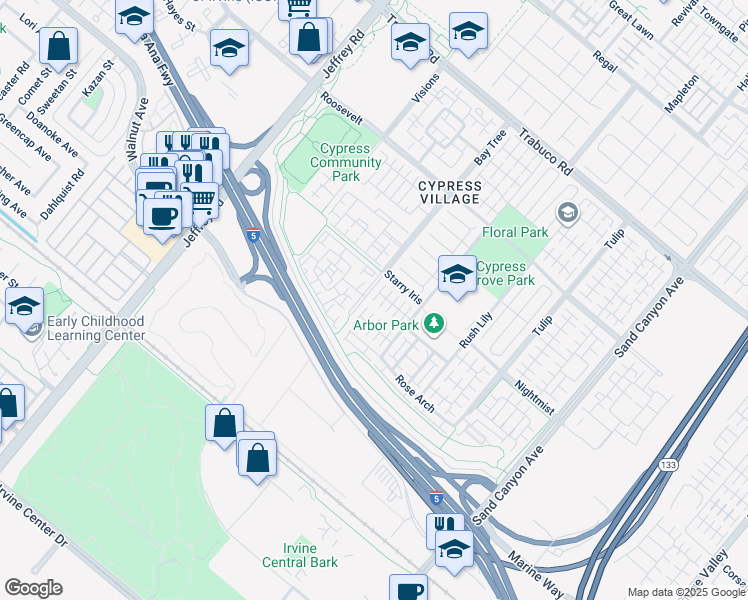 map of restaurants, bars, coffee shops, grocery stores, and more near 62 Strawberry Grove in Irvine