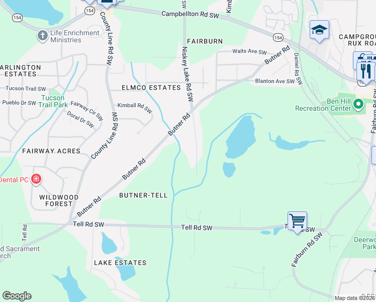 map of restaurants, bars, coffee shops, grocery stores, and more near 2535 Niskey Lake Road Southwest in Atlanta