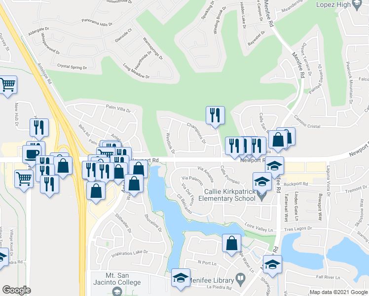map of restaurants, bars, coffee shops, grocery stores, and more near 28550 Broadstone Way in Menifee