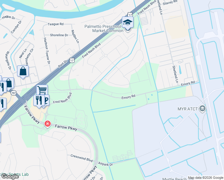 map of restaurants, bars, coffee shops, grocery stores, and more near 2606 Orion Loop in Myrtle Beach
