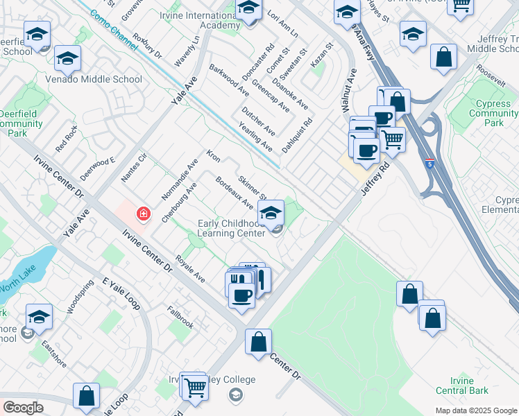 map of restaurants, bars, coffee shops, grocery stores, and more near 5261 Bordeaux Avenue in Irvine