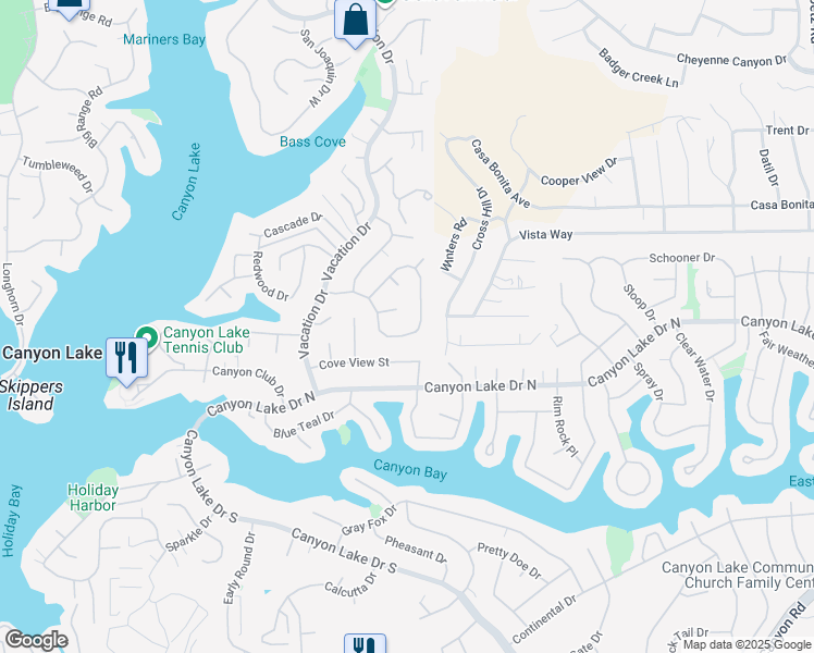 map of restaurants, bars, coffee shops, grocery stores, and more near 23070 Compass Drive in Canyon Lake