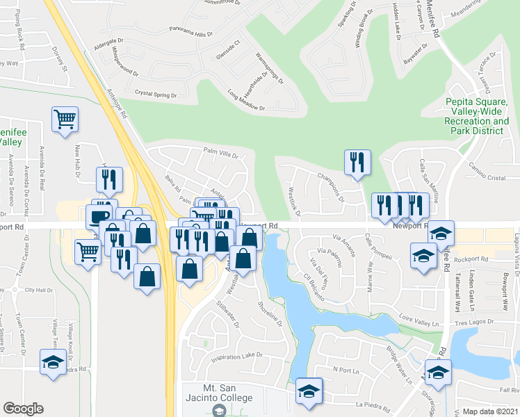 map of restaurants, bars, coffee shops, grocery stores, and more near 28322 Valombrosa Drive in Menifee
