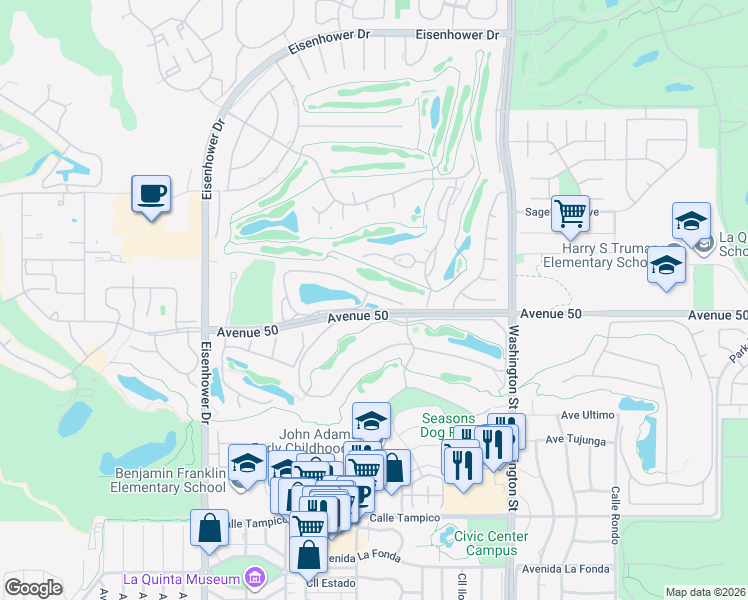 map of restaurants, bars, coffee shops, grocery stores, and more near 78159 Lago Drive in La Quinta