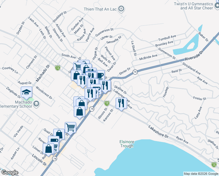map of restaurants, bars, coffee shops, grocery stores, and more near Riverside Drive in Lake Elsinore