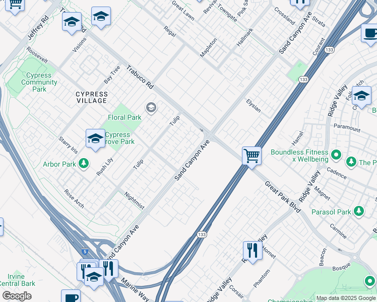 map of restaurants, bars, coffee shops, grocery stores, and more near 72 Maple Ash in Irvine