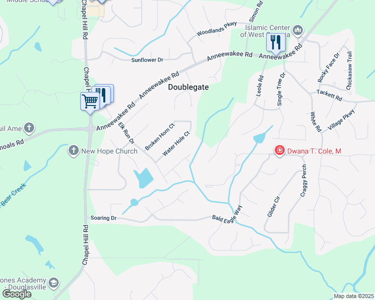 map of restaurants, bars, coffee shops, grocery stores, and more near 4030 Staghorn Court in Douglasville