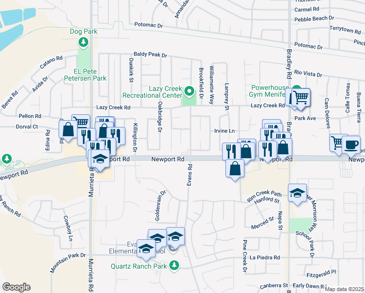 map of restaurants, bars, coffee shops, grocery stores, and more near 29950 Woodstock Place in Menifee