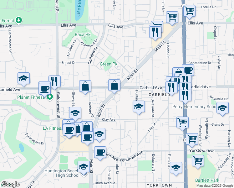 map of restaurants, bars, coffee shops, grocery stores, and more near 19172 Shoreline Lane in Huntington Beach
