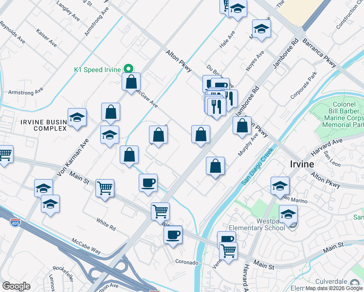 map of restaurants, bars, coffee shops, grocery stores, and more near 2652 McGaw Avenue in Irvine