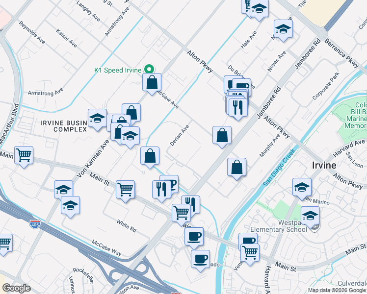 map of restaurants, bars, coffee shops, grocery stores, and more near 2581 Kelvin Avenue in Irvine
