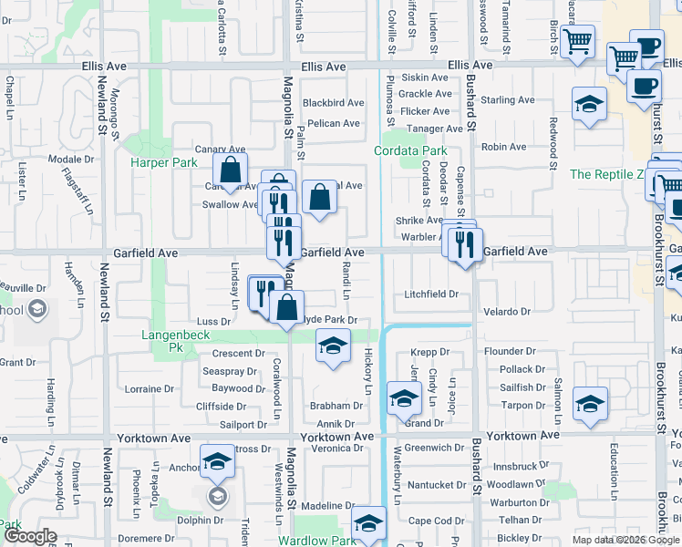map of restaurants, bars, coffee shops, grocery stores, and more near 19071 Randi Lane in Huntington Beach