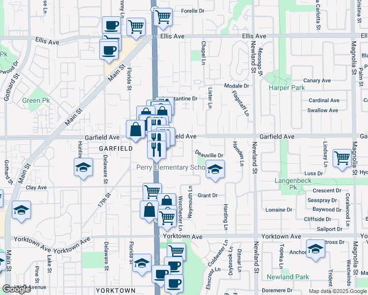 map of restaurants, bars, coffee shops, grocery stores, and more near 8125 Surfline Drive in Huntington Beach