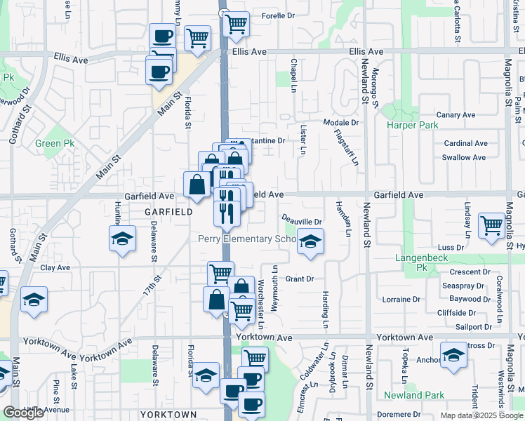 map of restaurants, bars, coffee shops, grocery stores, and more near 8125 Surfline Drive in Huntington Beach