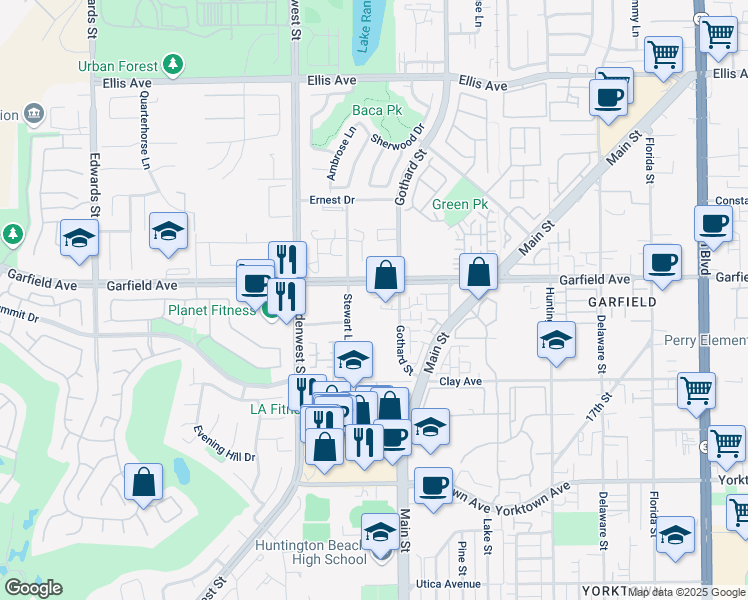 map of restaurants, bars, coffee shops, grocery stores, and more near 19122 Stewart Lane in Huntington Beach