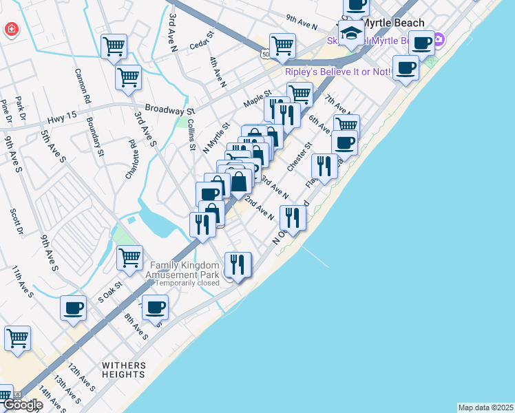 map of restaurants, bars, coffee shops, grocery stores, and more near 306 2nd Avenue North in Myrtle Beach