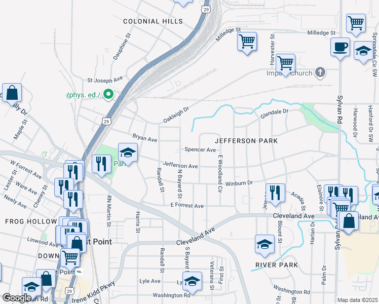 map of restaurants, bars, coffee shops, grocery stores, and more near 1276 Spencer Avenue in East Point
