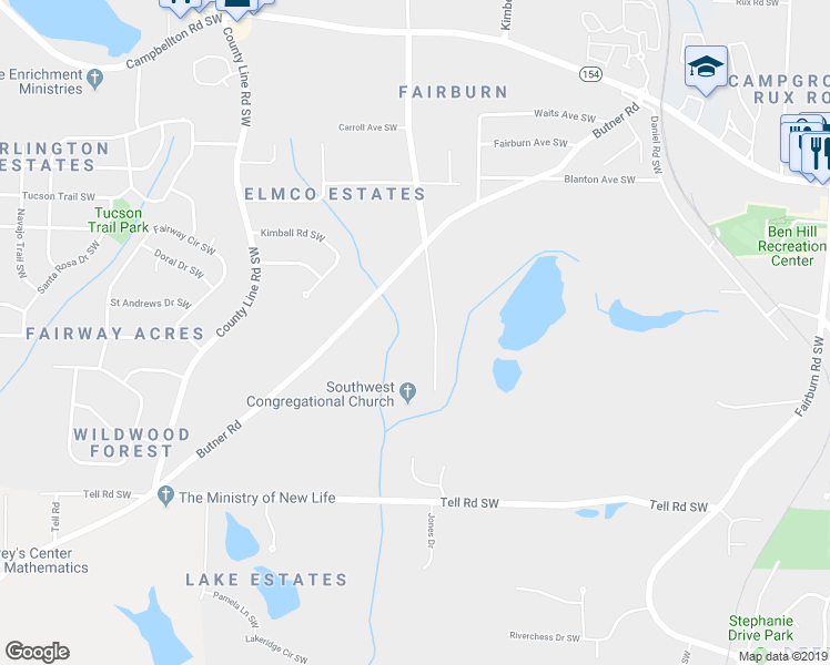 map of restaurants, bars, coffee shops, grocery stores, and more near 2535 Niskey Lake Road Southwest in Atlanta