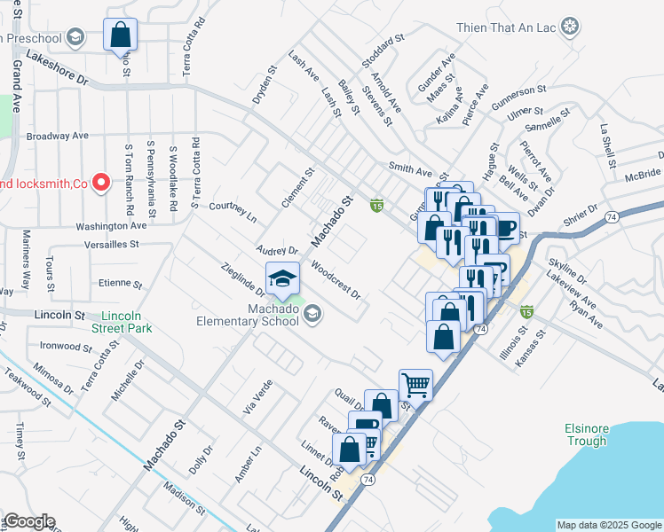 map of restaurants, bars, coffee shops, grocery stores, and more near 663 Woodcrest Drive in Lake Elsinore
