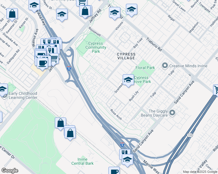 map of restaurants, bars, coffee shops, grocery stores, and more near 81 Strawberry Grove in Irvine