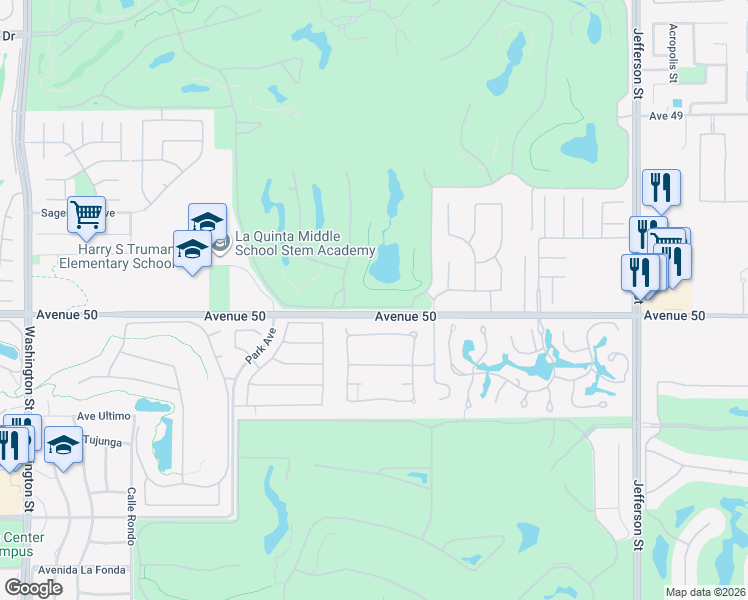 map of restaurants, bars, coffee shops, grocery stores, and more near 79346 Mission Drive West in La Quinta