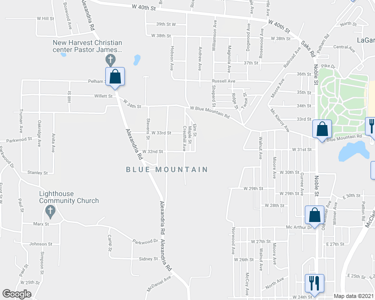 map of restaurants, bars, coffee shops, grocery stores, and more near 3200 Maple Street in Anniston
