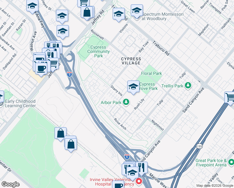 map of restaurants, bars, coffee shops, grocery stores, and more near 117 Strawberry Grove in Irvine
