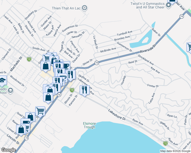 map of restaurants, bars, coffee shops, grocery stores, and more near 32982 Gregory Place in Lake Elsinore