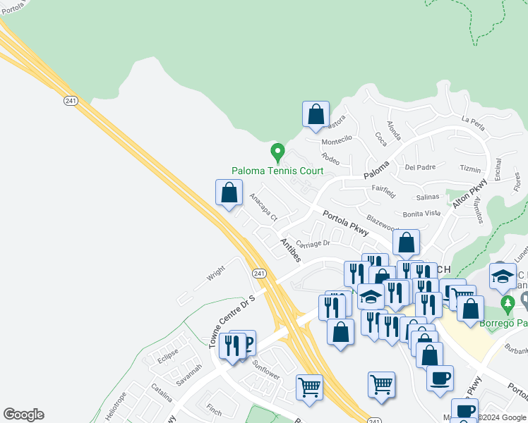 map of restaurants, bars, coffee shops, grocery stores, and more near 81 Anacapa Court in Lake Forest