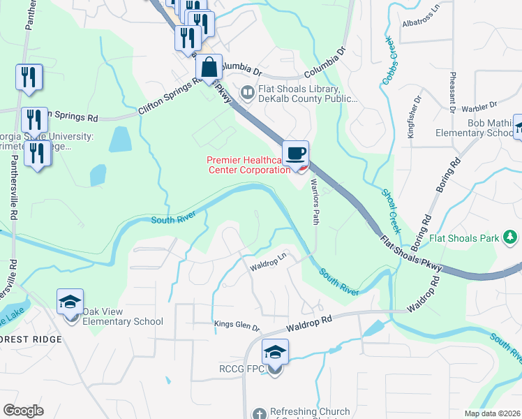map of restaurants, bars, coffee shops, grocery stores, and more near 3331 Waldrop Trail in Decatur