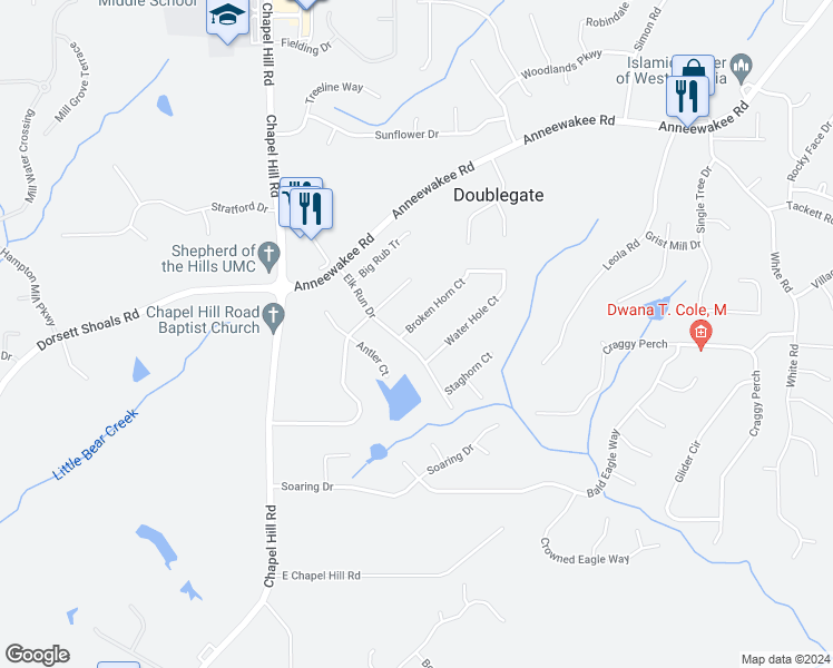 map of restaurants, bars, coffee shops, grocery stores, and more near 3902 Broken Horn Court in Douglasville