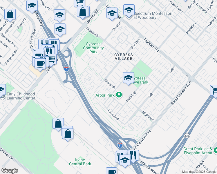 map of restaurants, bars, coffee shops, grocery stores, and more near 89 Strawberry Grove in Irvine