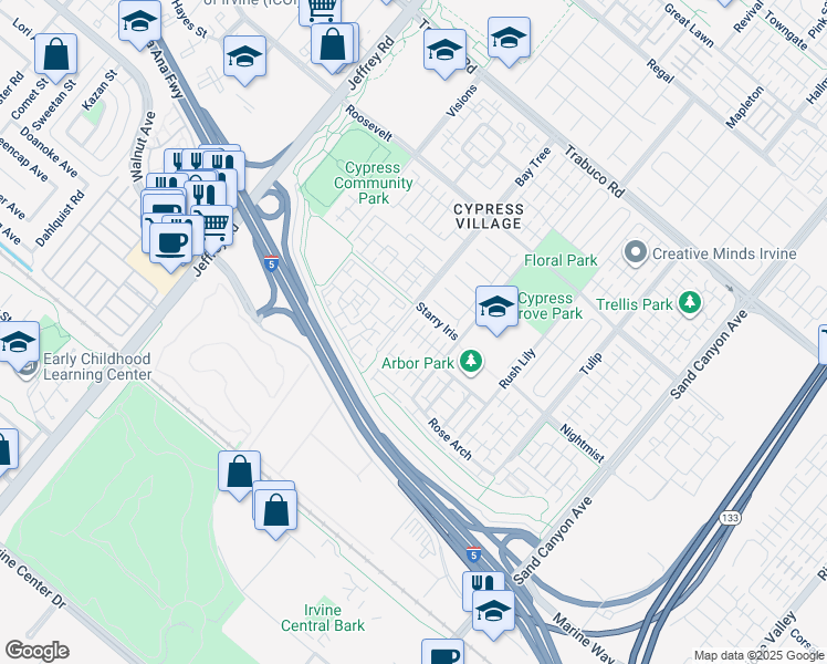 map of restaurants, bars, coffee shops, grocery stores, and more near 74 Strawberry Grove in Irvine
