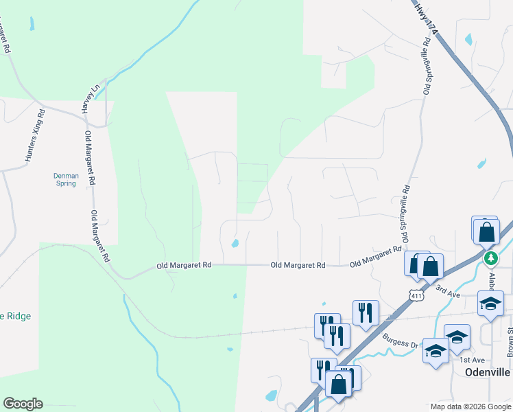 map of restaurants, bars, coffee shops, grocery stores, and more near 305 Pine Ridge Drive in Odenville