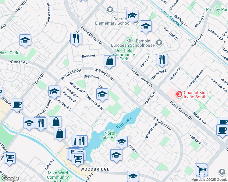 map of restaurants, bars, coffee shops, grocery stores, and more near 118 Nighthawk in Irvine