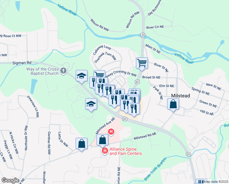 map of restaurants, bars, coffee shops, grocery stores, and more near 144 Odyssey Turn Northwest in Conyers