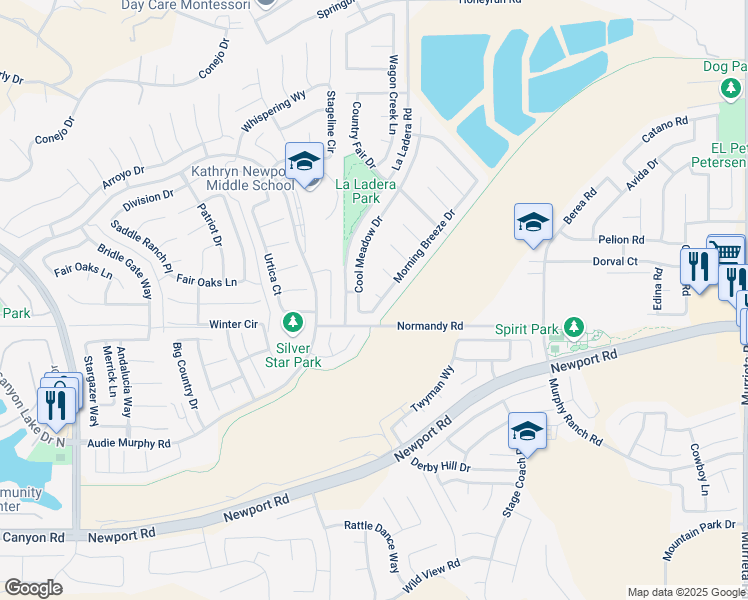 map of restaurants, bars, coffee shops, grocery stores, and more near 25247 Sunnydale Circle in Menifee