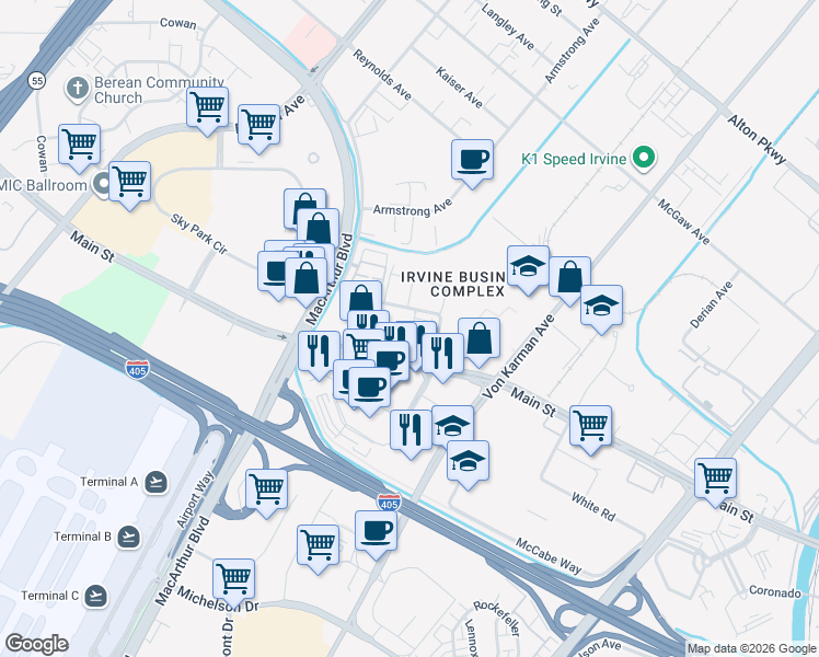 map of restaurants, bars, coffee shops, grocery stores, and more near 113 Schick in Irvine