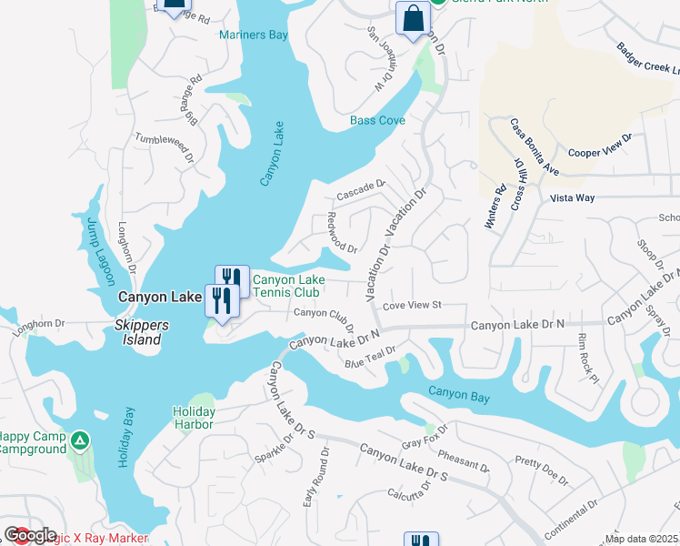 map of restaurants, bars, coffee shops, grocery stores, and more near 29930 Beacon Court in Canyon Lake