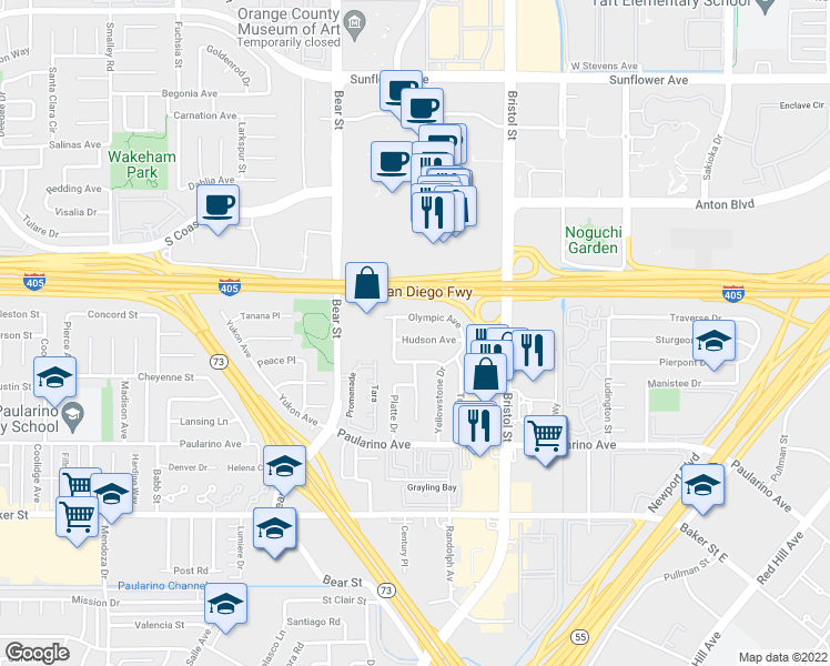 map of restaurants, bars, coffee shops, grocery stores, and more near 783 Hudson Avenue in Costa Mesa